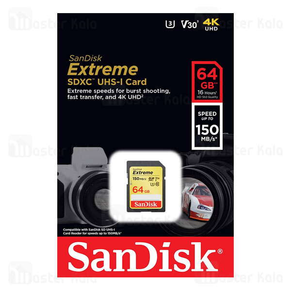 کارت حافظه اس دی 64 گیگابایت سن دیسک SanDisk Extreme SDXC UHS-I Card 4K UHD 150MB/s 64GB